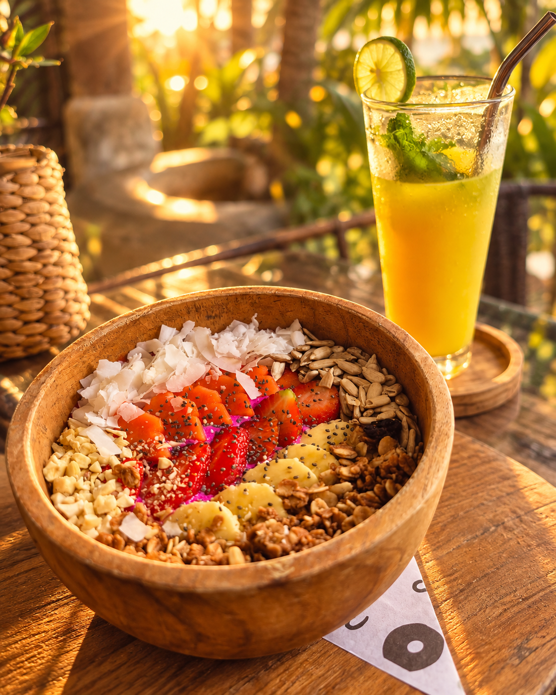 A vibrant tropical breakfast bowl of fresh fruit and granola beside a bright mango drink