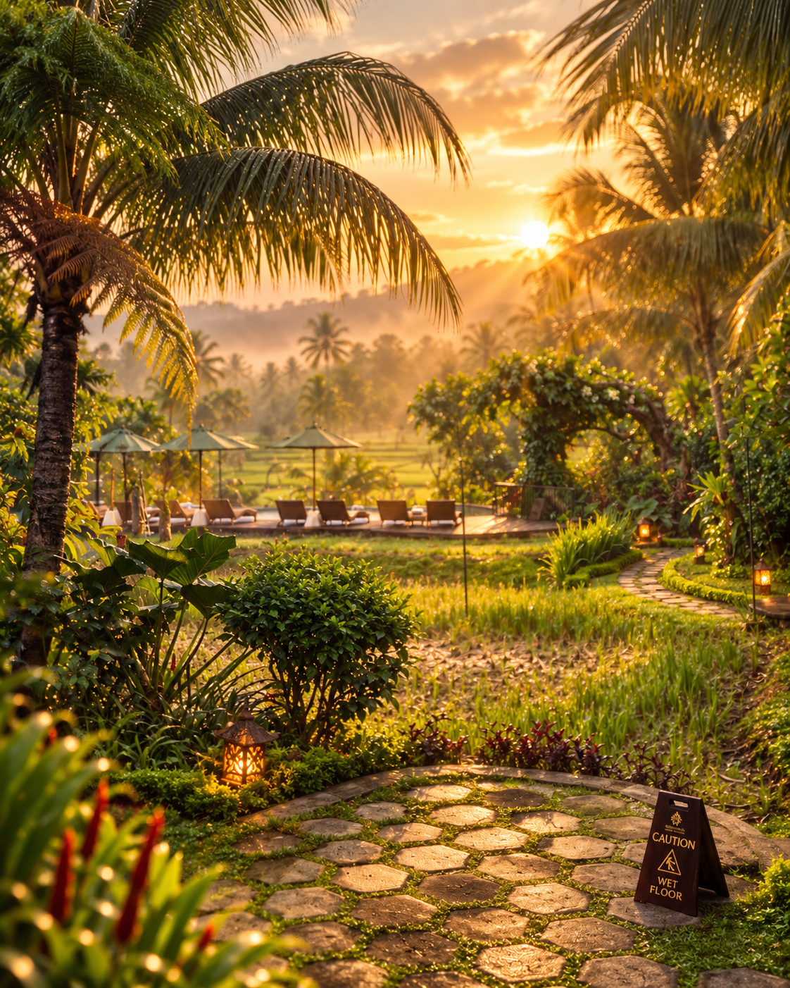 A tranquil Ubud garden with palms, sun loungers and a lantern-lit stone path glowing at sunrise