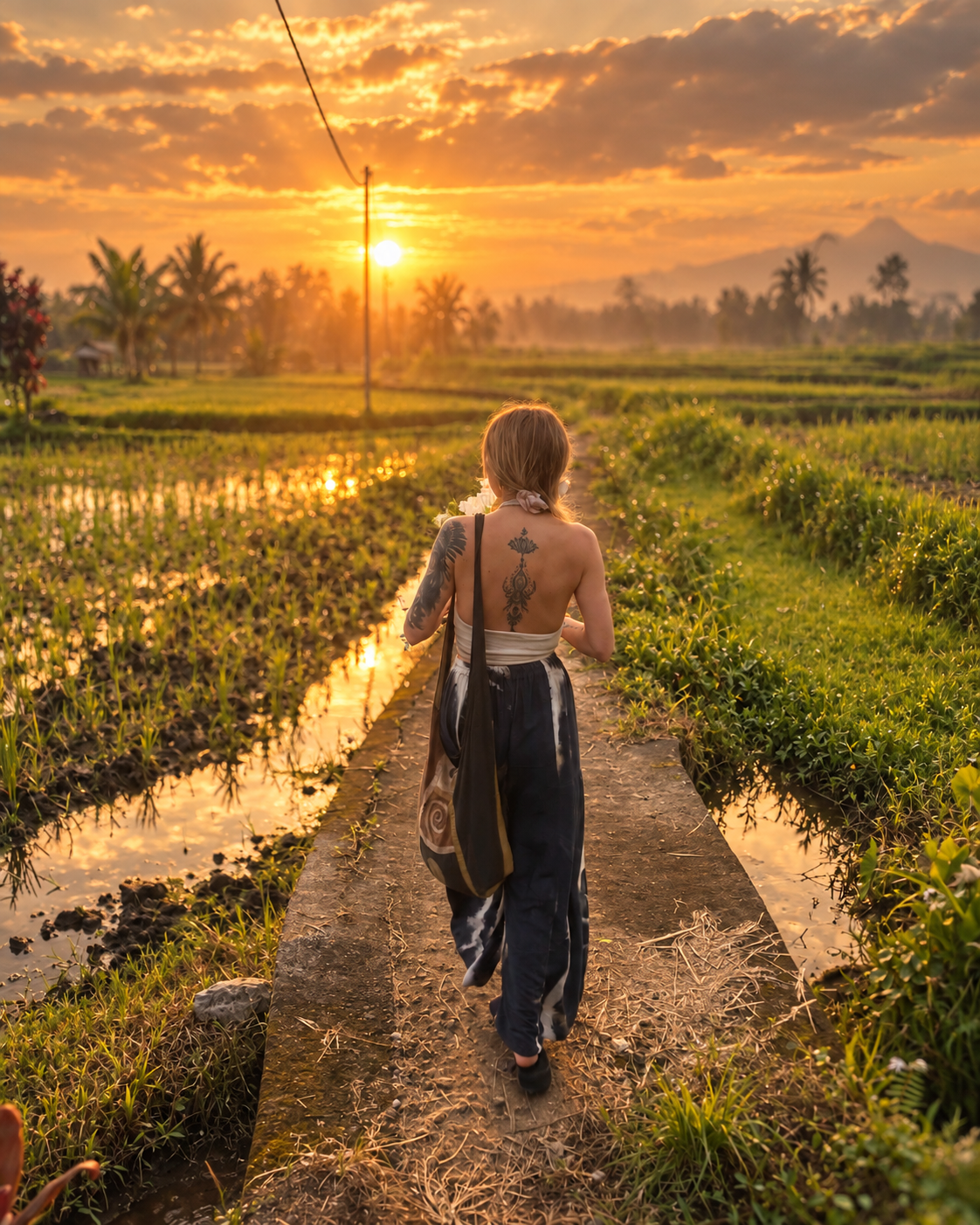 A woman walking barefoot along a narrow path through emerald Ubud rice fields at golden sunrise