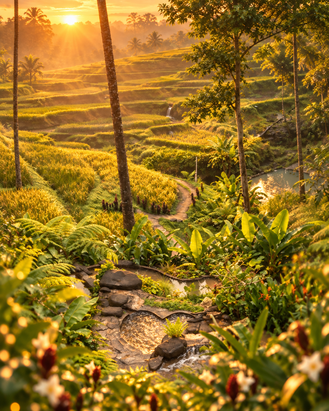 Sunlit Ubud rice terraces with a winding path, tall palms, and lush tropical foliage at sunrise